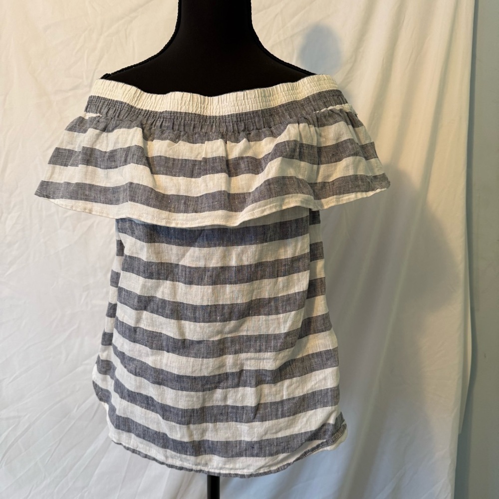 Saks Fifth Avenue Off-Shoulder Ruffle Striped Top - Gray and White 100% Linen